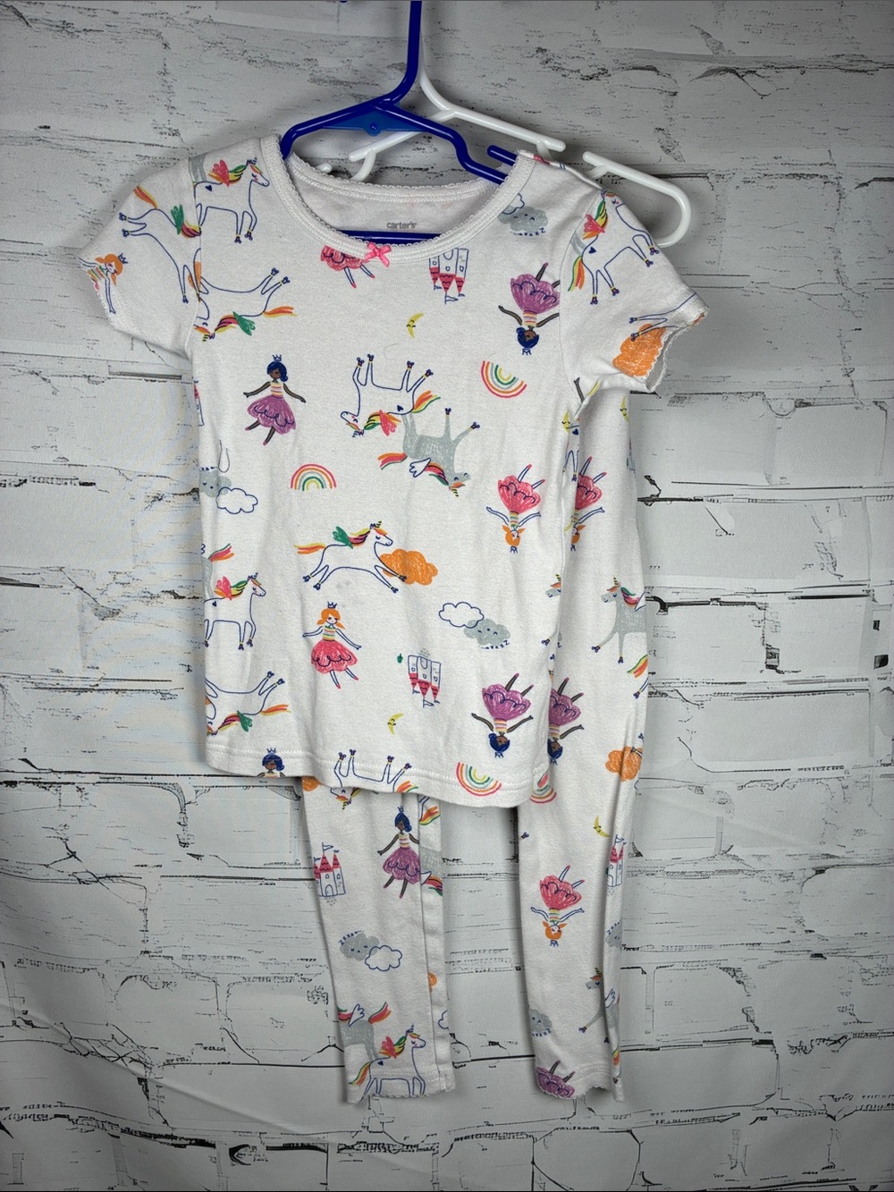 Carter's White Unicorn, Rainbow & Princess Print Kids Pajama Set